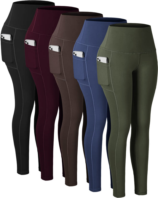 CHRLEISURE Leggings with Pockets for Women, High Waisted Tummy Control Workout Yoga Pants(5 Packs Black,Navy,Brown,Cassis,Green, 3XL)