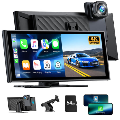 LAMTTO 9.26" Wireless Carplay Touchscreen with 4K Front Dashcam,Protable Carplay Screen Digital Media Receivers - Android Auto,Bluetooth,GPS Navigation,G-Sensor,Loop Recording,Mirror Link