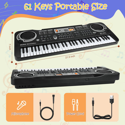 61 Key Piano Keyboard, Beginner Electronic Keyboard for Kids with Teaching Mode, 6 Demo Songs, 16 Tones, Microphone and Power Supply, Kids Piano Keyboard for Birthday Gift
