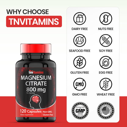 TNVitamins Magnesium Citrate 800 MG - 120 Capsules | Two Month Supply! | Pure Magnesium Citrate Powder Capsules | Citrato De Magnesio | Non-GMO | Produced in the USA!