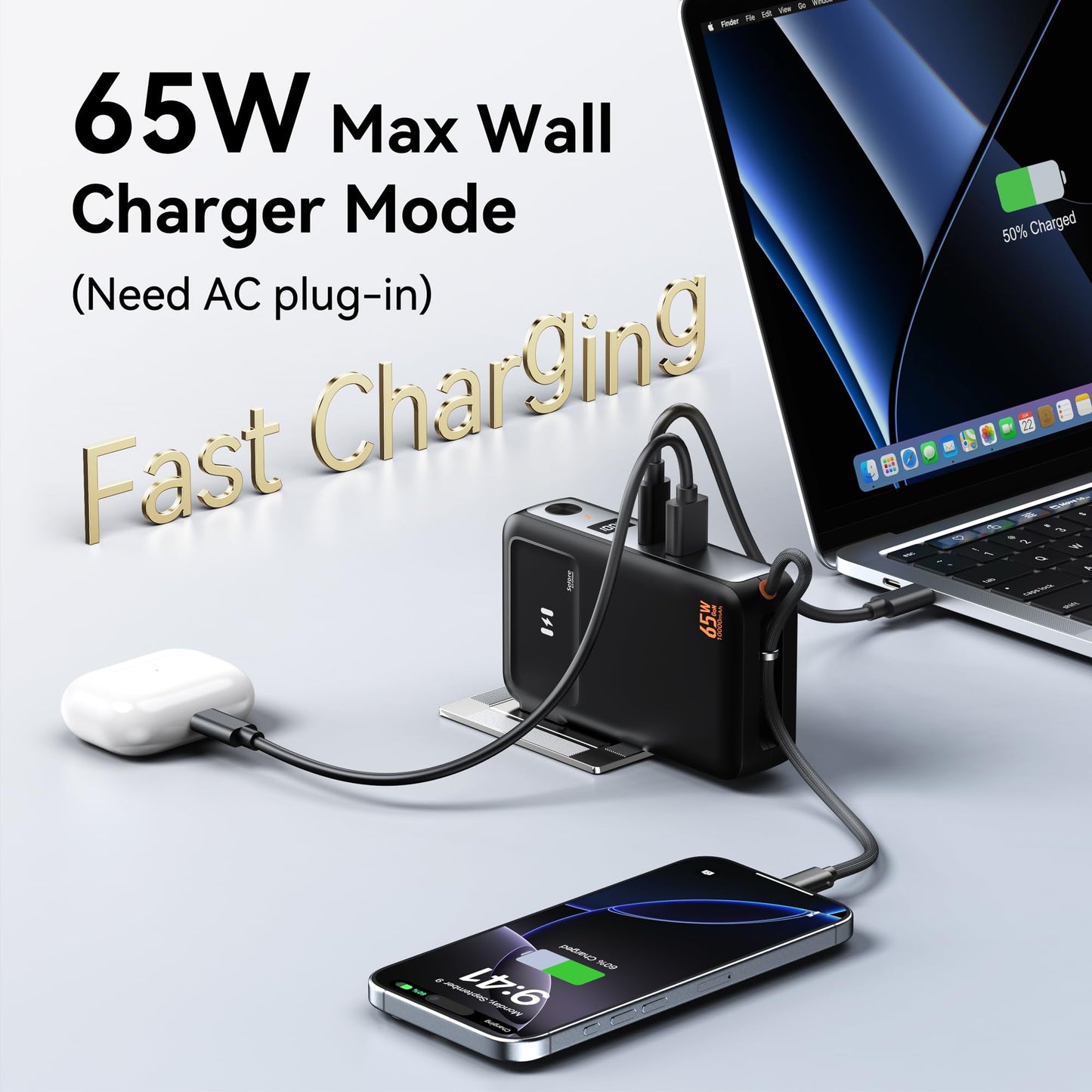 3 in 1 Portable Phone Charger 10000mAh, 35W Power Bank Wall Plug With Built in USB C Cable, 65W GaN Wall Charger for Laptop MacBook, Travel Battery Pack for iPhone Samsung Android Smartphone