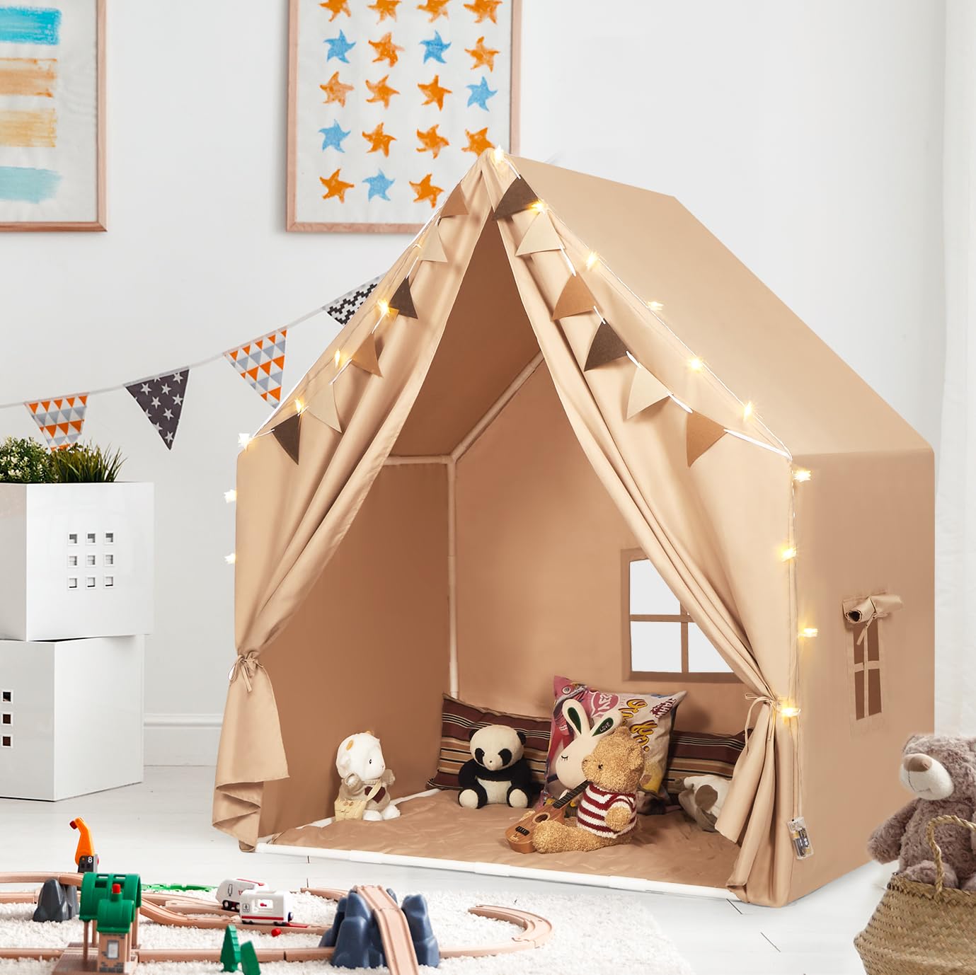 MORITECK Kids Play Tent with Padded Mat & Star LED Lights for Ages 4-8-10 Year Old Girls Boys, Large Cute Indoor Play Room House Tent for Toddler Children