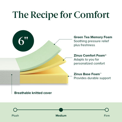 Zinus 6 Inch Full Green Tea Memory Foam Mattress [New Version], Fiberglass Free, Medium Firm Feel, Zoned Pressure Relief, Certified Safe Foams & Fabric, Mattress in A Box