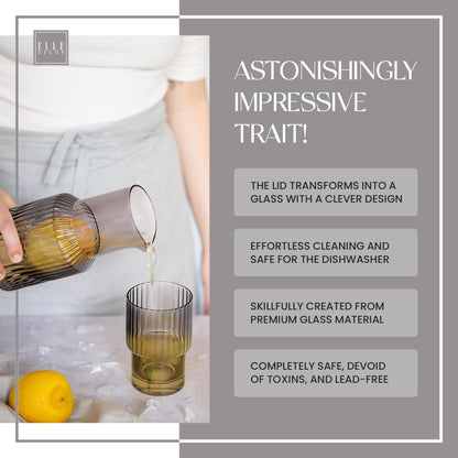 elle decor Gray Ribbed 2 Pc Carafe Set | Bedside Night Water Carafe | Glass Pitcher and Cup that Doubles as a Lid | Glass Tumbler Perfect for Storing Water, Juice, and Other Drinks on Desktop/Shelf