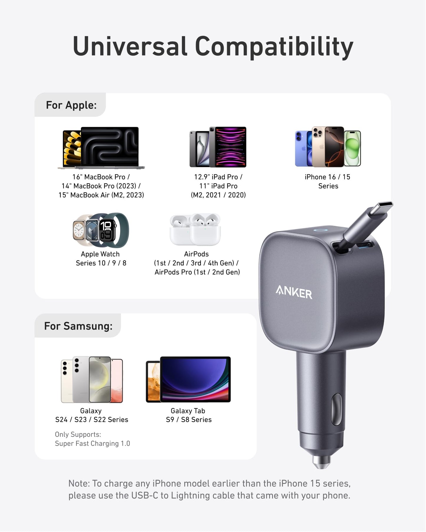 Anker USB-C Car Charger, 75W Max Ultra-Compact Type-C Fast Car Charger with Built-in USB-C Retractable Cable, Car Adapter for iPhone 16/15 Series, MacBook Pro/Air, iPad, Galaxy, AirPods, and More