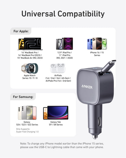 Anker USB-C Car Charger, 75W Max Ultra-Compact Type-C Fast Car Charger with Built-in USB-C Retractable Cable, Car Adapter for iPhone 16/15 Series, MacBook Pro/Air, iPad, Galaxy, AirPods, and More