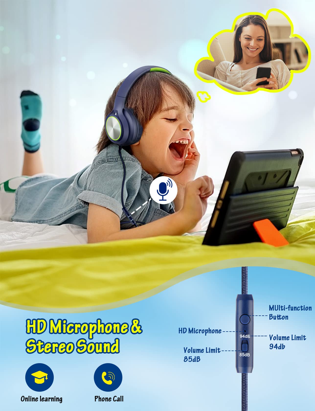 Kids Headphones with Cord , Wired Over Ear Headsets with Microphone Limited Volume 85dB/ 94dB, Portable Wired Headphones for Kids Boys Girls Teens Children Online School/Travel/iPad/Tablet/Cellphone