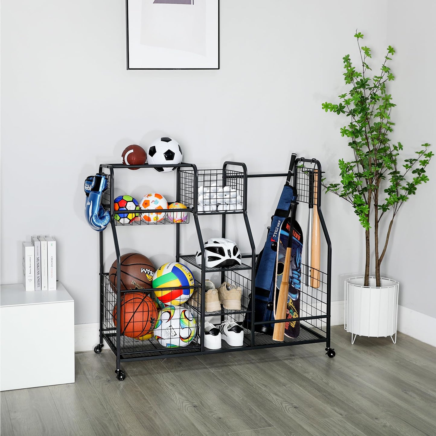 Garage Sports Equipment Organizer & Outdoor Toy Storage, Ball Storage Golf Organizer For Garage with Baskets, 5 Hooks