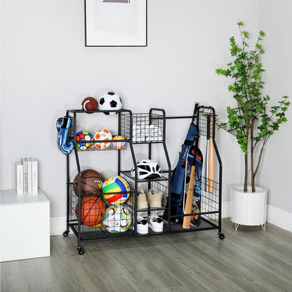 Garage Sports Equipment Organizer & Outdoor Toy Storage, Ball Storage Golf Organizer For Garage with Baskets, 5 Hooks