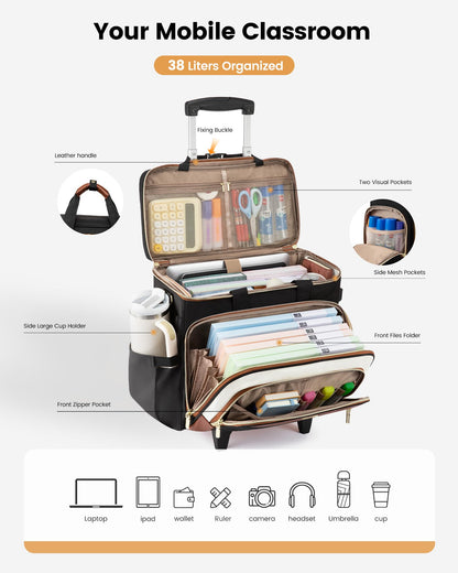 LOVEVOOK Rolling Teacher Bag with Detachable Dolly and Laptop Compartment, Large Rolling Tote Bag fits for 17.3" Laptop for Teacher Office Work Craft Nurse, Quilted-Black-beige-brown