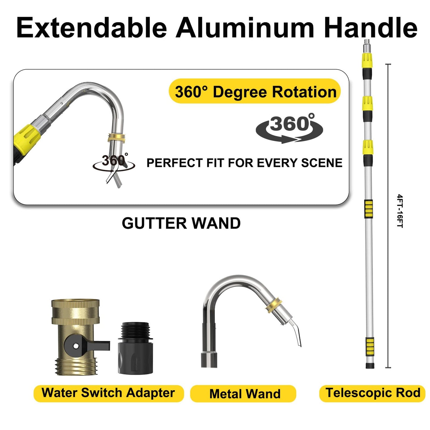 SISUPASSIE 24FT Reach Gutter Cleaning Tools from Ground, Telescopic Rain Gutter Cleaners Tool with Quick Connect Adapter and Heavy Duty Wand for 2nd Story House