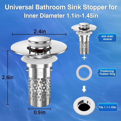 Sink Stopper Hair Catcher, Pop-up Sink Drain Strainer with Removable Stainless Steel Strainer Basket Hair Catcher, Bathroom Sink Strainer for Bathroom Sink Stopper Replacement(New/2PCS)