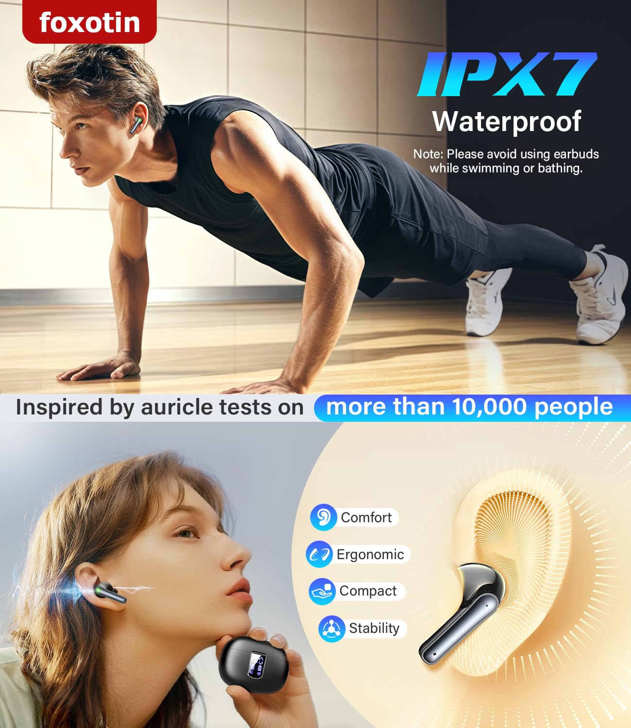 Ear Buds Wireless Earbuds - Bluetooth 5.3 Headphones (48H Playback) Built in Mic with LED Display Charging Case, IP7 Waterproof Earphone for iPhone Andriod Phones Laptop Sports Workout - Black