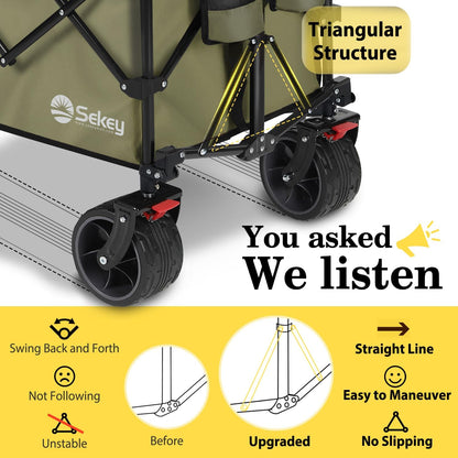 Sekey 48''L Collapsible Foldable Extended Wagon with 440lbs Weight Capacity, Heavy Duty 300L Folding Utility Garden Cart with Big All-Terrain Beach Wheels & Drink Holders. Khaki