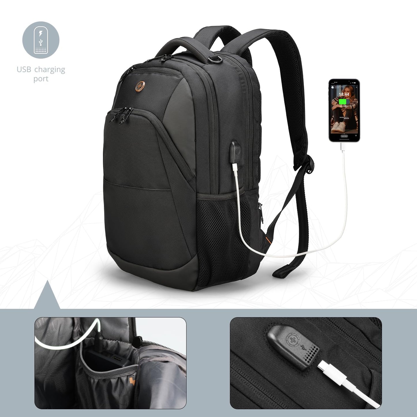 Swissdigital Design Travel Laptop Backpack, College Laptops Backpack with USB Charging Port for Men and Women Fits 16 Inch Notebook, Black | ANDWIL