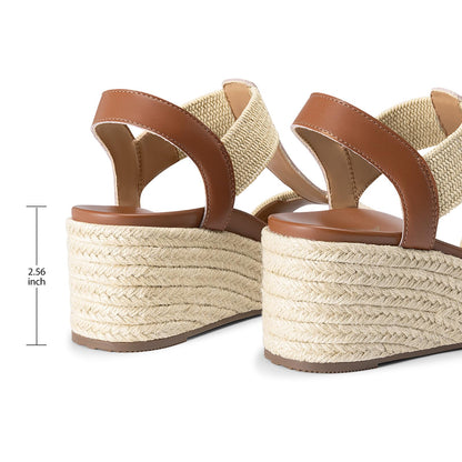 Athlefit Espadrille Wedge Sandals for Women Platform Comfortable Dressy Casual Open Toe Elastic Strap Brown Sandals with Arch Support for Summer Walking Size 8.5