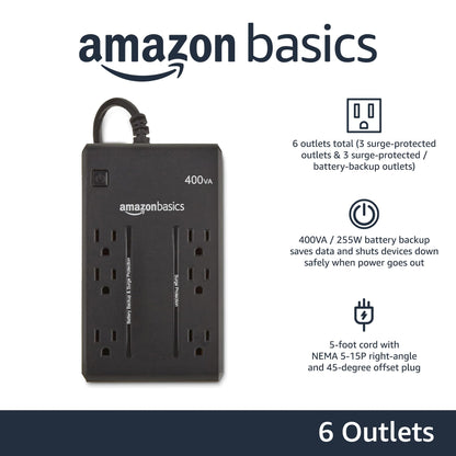 Amazon Basics UPS Battery Backup & Surge Protector, 400VA/255W, 6 Outlets, Uninterruptible Power Supply, Small Compact Size, Black