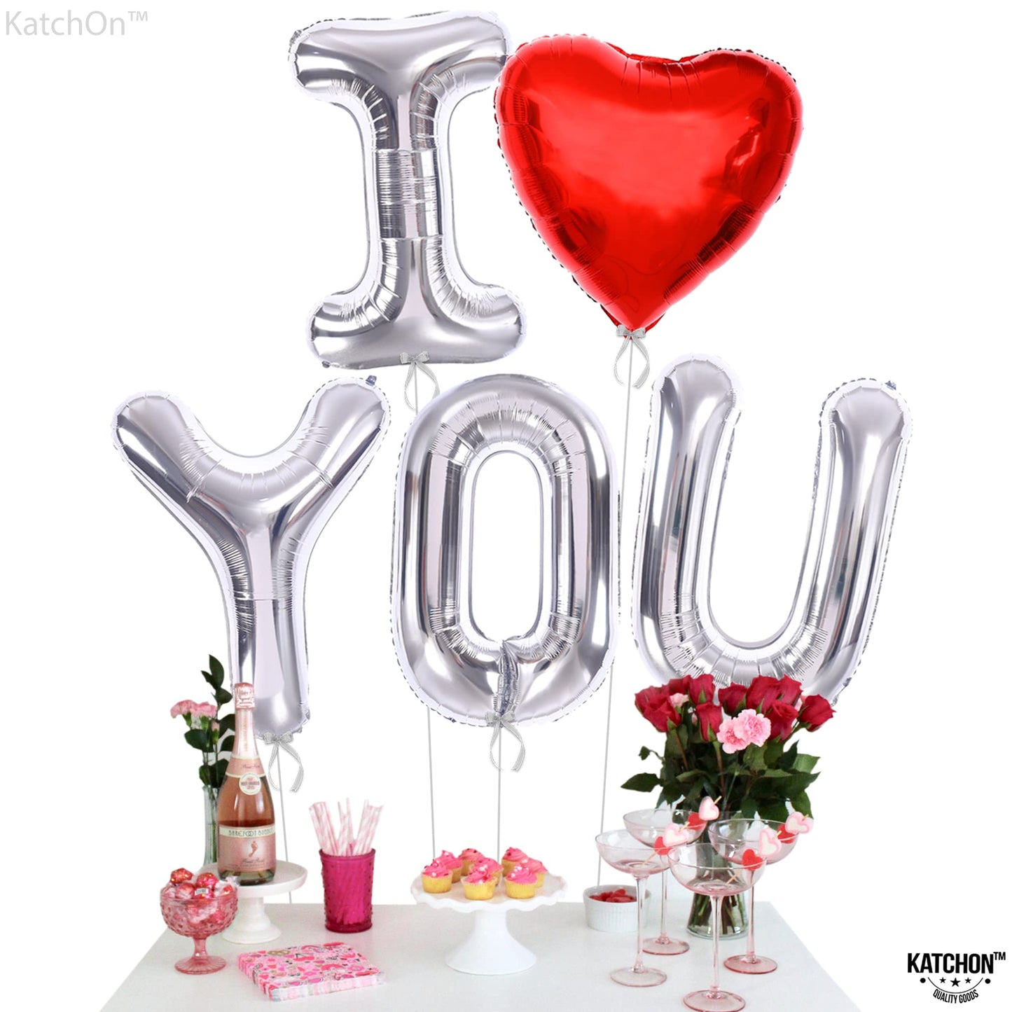 KatchOn, Huge Silver I Love You Balloons - 40 Inch | Foil Love Balloon, Heart Balloons for Him | Valentines Day Decorations | Romantic Decorations Special Night | Valentines Day Balloons
