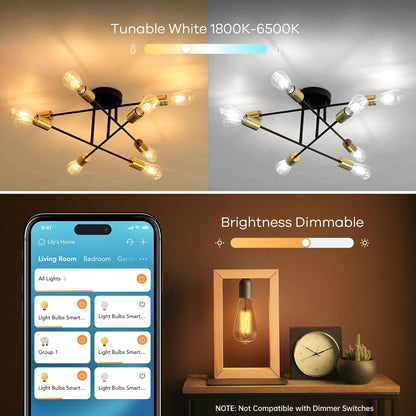 Linkind Matter Smart Light Bulb, ST19 (ST58) Smart Edison Bulbs, 2700K-6500K E26 LED Bulb 8W 60W, 800LM Edison Light Bulb, Work with Alexa, Google Home, Apple Home, SmartThings, 2.4GHz WiFi, 4-Pack