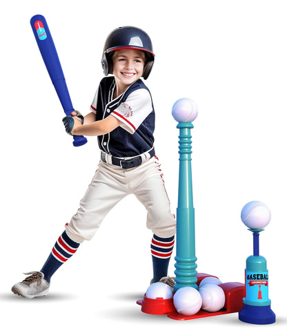 TOMLEON T Ball Stand for Kids and Toddlers 1-3, 3-5, 5-8. Baseball Set With 6 Large Balls, Adjustable Tball Batting Tee, and Pitching Machine. T-Ball Sets With Bat and Ball