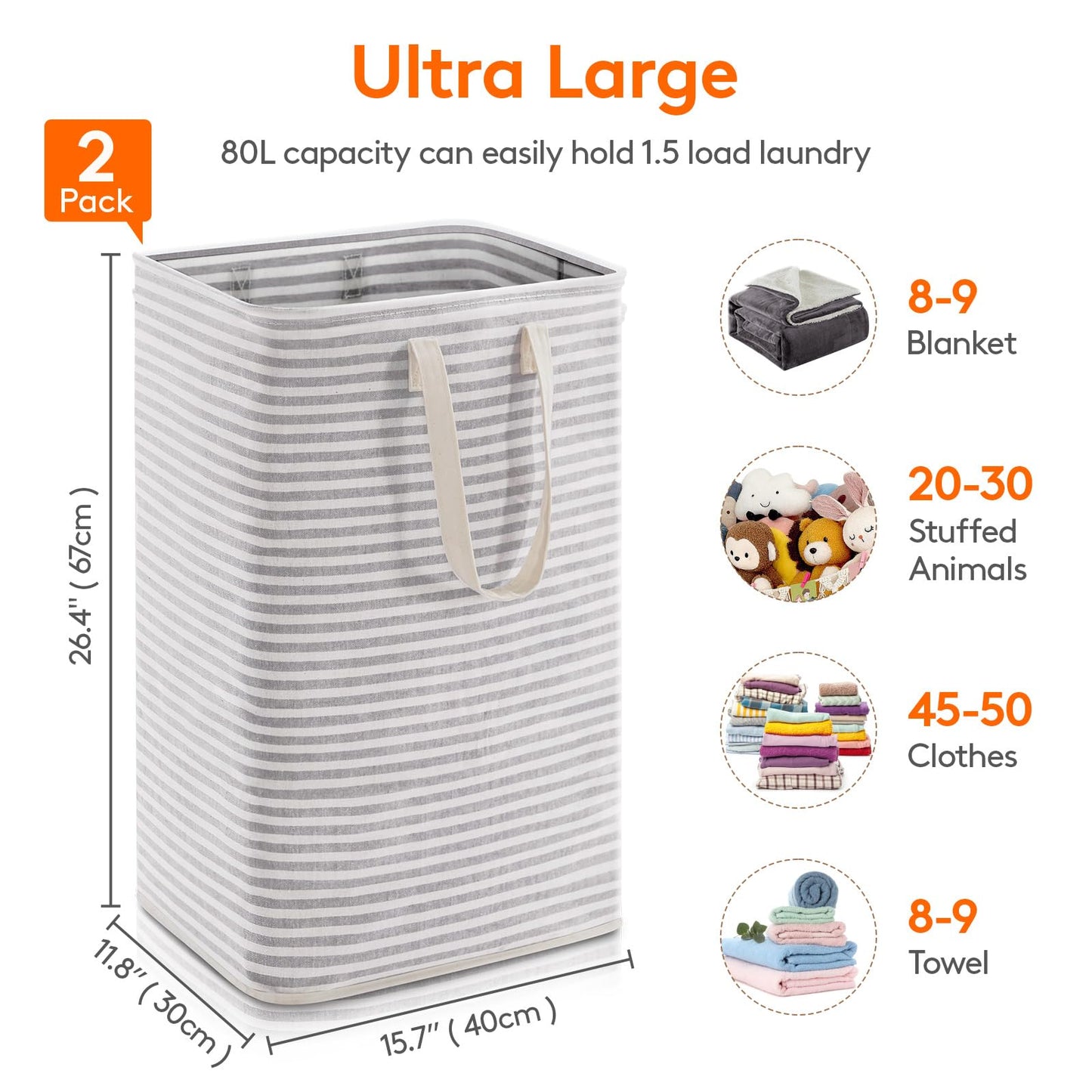 Lifewit 2 Pack Laundry Hamper Large Collapsible Laundry Baskets, Freestanding Waterproof Clothes Hamper with Easy Carry Handles in Laundry Room Bedroom Bathroom College Dorm for Adults, Grey, 2 x 80L