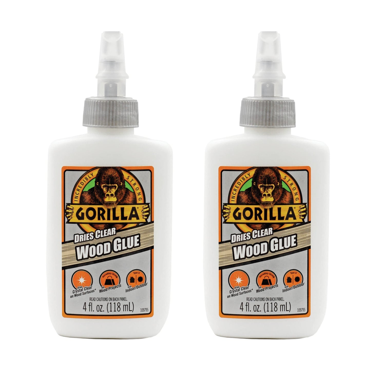 Gorilla Dries Clear Wood Glue, 4oz Bottle (Pack of 2)