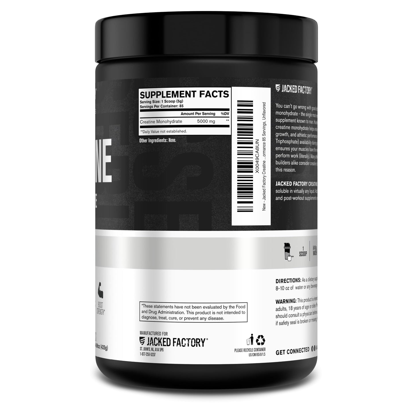 Jacked Factory Creatine Monohydrate Powder 425g - Creatine Supplement for Muscle Growth, Increased Strength, Enhanced Energy, & Improved Athletic Performance 85 Servings, Unflavored