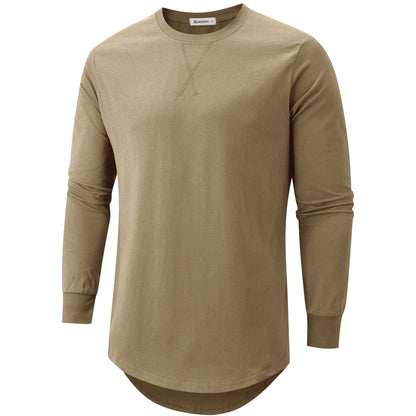 KLIEGOU Mens Cotton Hipster Hip Hop Longline Long Sleeve T Shirt 67 Khaki XXXL