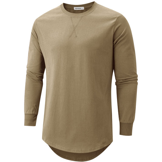 KLIEGOU Mens Cotton Hipster Hip Hop Longline Long Sleeve T Shirt 67 Khaki XXXL