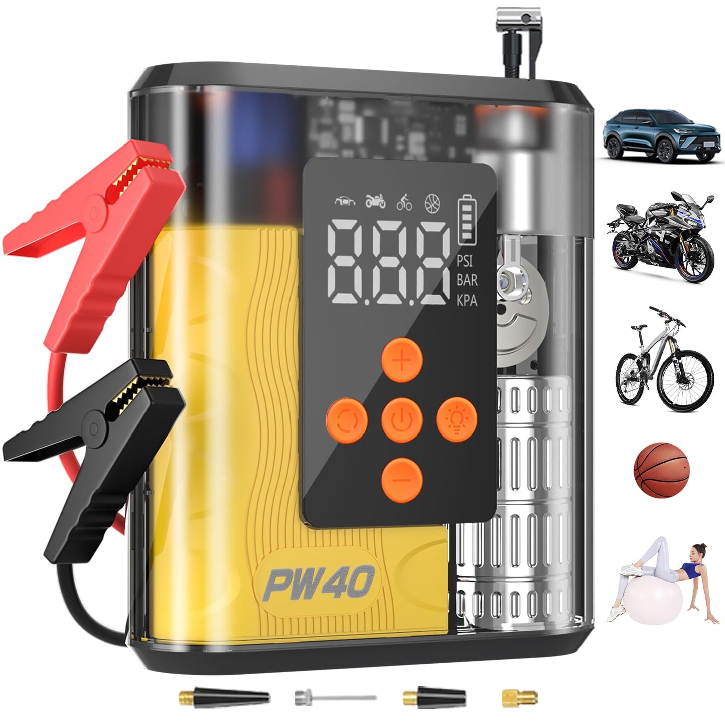 Hererod PW40 Jump Starter, Tire Inflator Portable Air Compressor, 4000A Peak 200PSI & 4X Faster, 32000mAh 12V Car Battery Jump Starter (9L Gas/8L Diesel), Portable Tire Inflator for Car(Yellow)