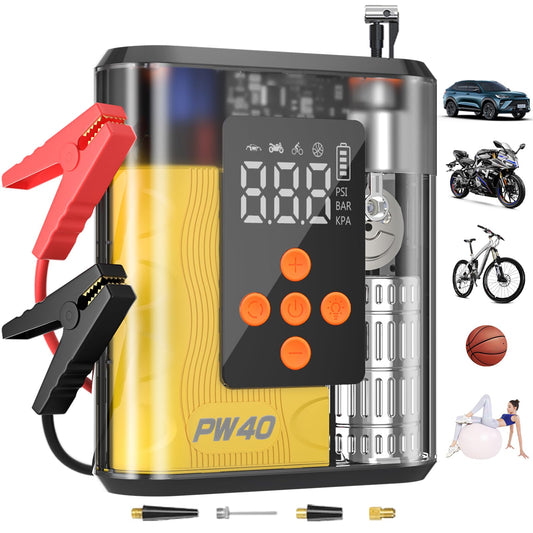 Hererod PW40 Jump Starter, Tire Inflator Portable Air Compressor, 4000A Peak 200PSI & 4X Faster, 32000mAh 12V Car Battery Jump Starter (9L Gas/8L Diesel), Portable Tire Inflator for Car(Yellow)