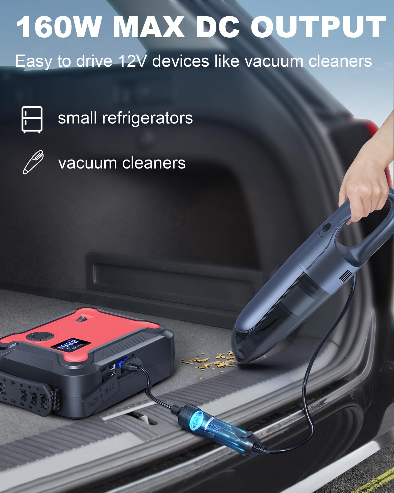 Versatile Car Jump Starter with Air Compressor, 6000A 26800mAh 150PSI (All Gas 8.0L Diesel) Car Battery Jumper Starter Portable Jump Box, Fast Charger with Jumper Cables, 160W DC, Larger Lights