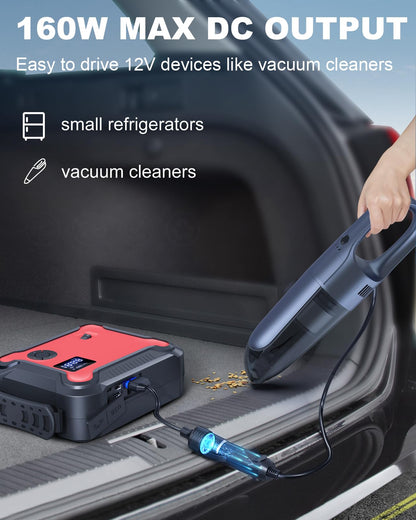 Versatile Car Jump Starter with Air Compressor, 6000A 26800mAh 150PSI (All Gas 8.0L Diesel) Car Battery Jumper Starter Portable Jump Box, Fast Charger with Jumper Cables, 160W DC, Larger Lights
