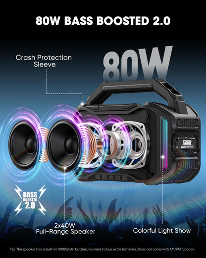 ANCOON Speakers Bluetooth Wireless: 80W(Peak) Loud Speaker with Bass, 20H Playtime, IPX6 Waterproof, Large Jobsite Speakers for Work, Outdoor, Workshop, Garage, Portable Speaker with TWS (Black)