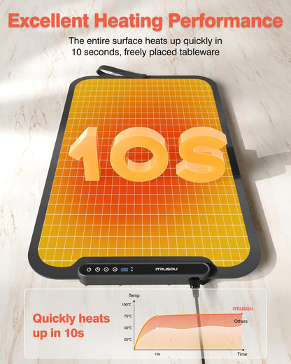 Food Warming Mat, iTRUSOU Silicone Electric Warming Tray with 7 Temp-Settings, 1-8Hr Auto Shut-Off, Switchable Fahrenheit/Celsius, Upgrade Strap Keep Food Warm at Buffet, Party, Sabbath, Daily Use