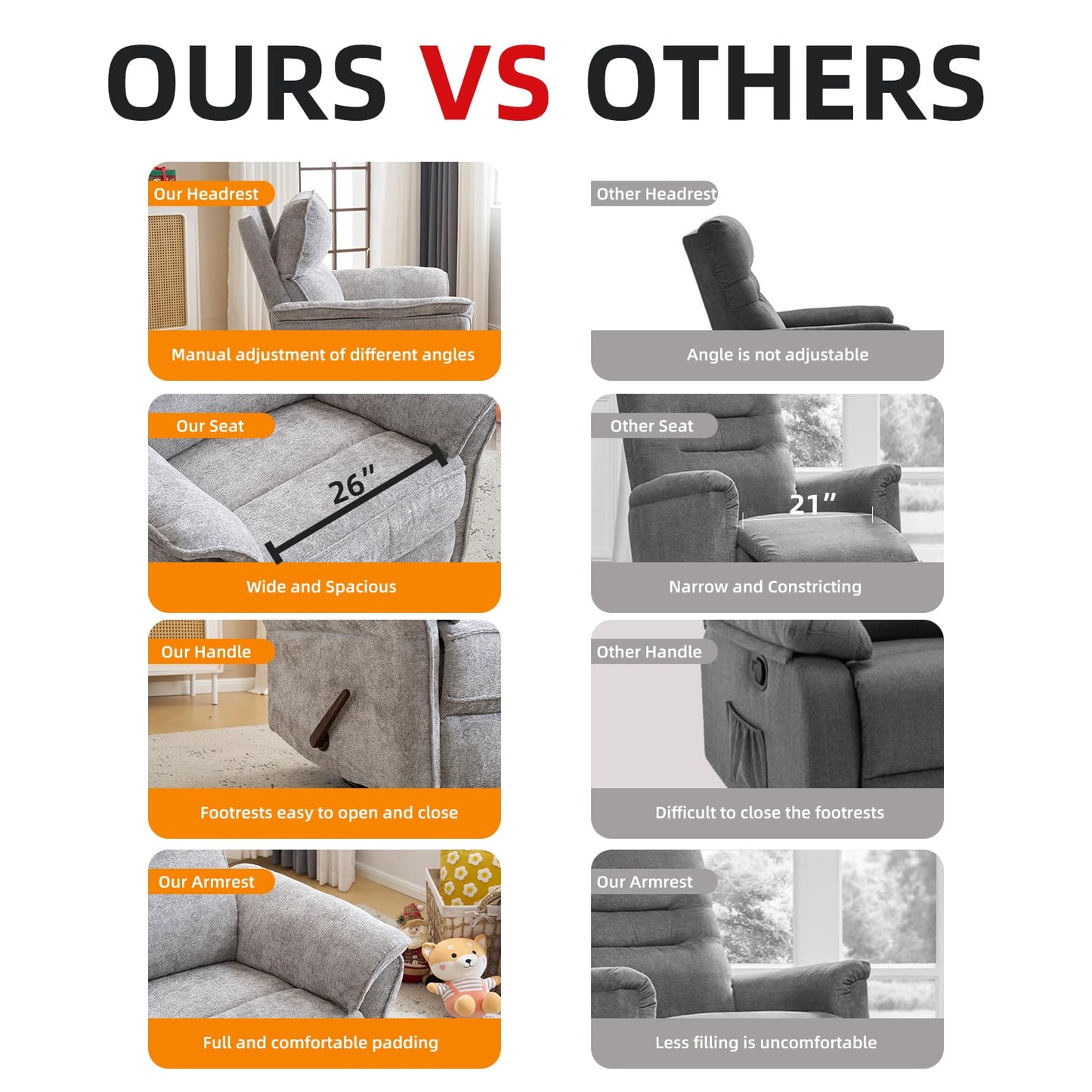 Rhevoy Oversized Glider Rocker Recliner, 26" Extra Wide 360° Swivel Nursery Recliner with Adjustable Headrest, Chenille Rocking Nursery Chair with Overstuffed Armrest, Lumbar Support, Light Grey