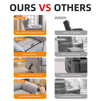 Rhevoy Oversized Glider Rocker Recliner, 26" Extra Wide 360° Swivel Nursery Recliner with Adjustable Headrest, Chenille Rocking Nursery Chair with Overstuffed Armrest, Lumbar Support, Light Grey