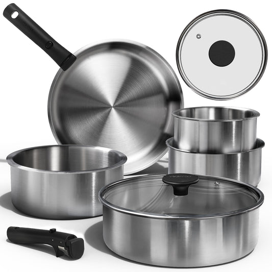CAROTE Pots and Pans Set, Tri- Ply Stainless Steel Cookware Set Detachable Handle, 9pcs Induction Kitchen Cookware Sets with Removable Handle, RV Cookware Set, Oven Safe