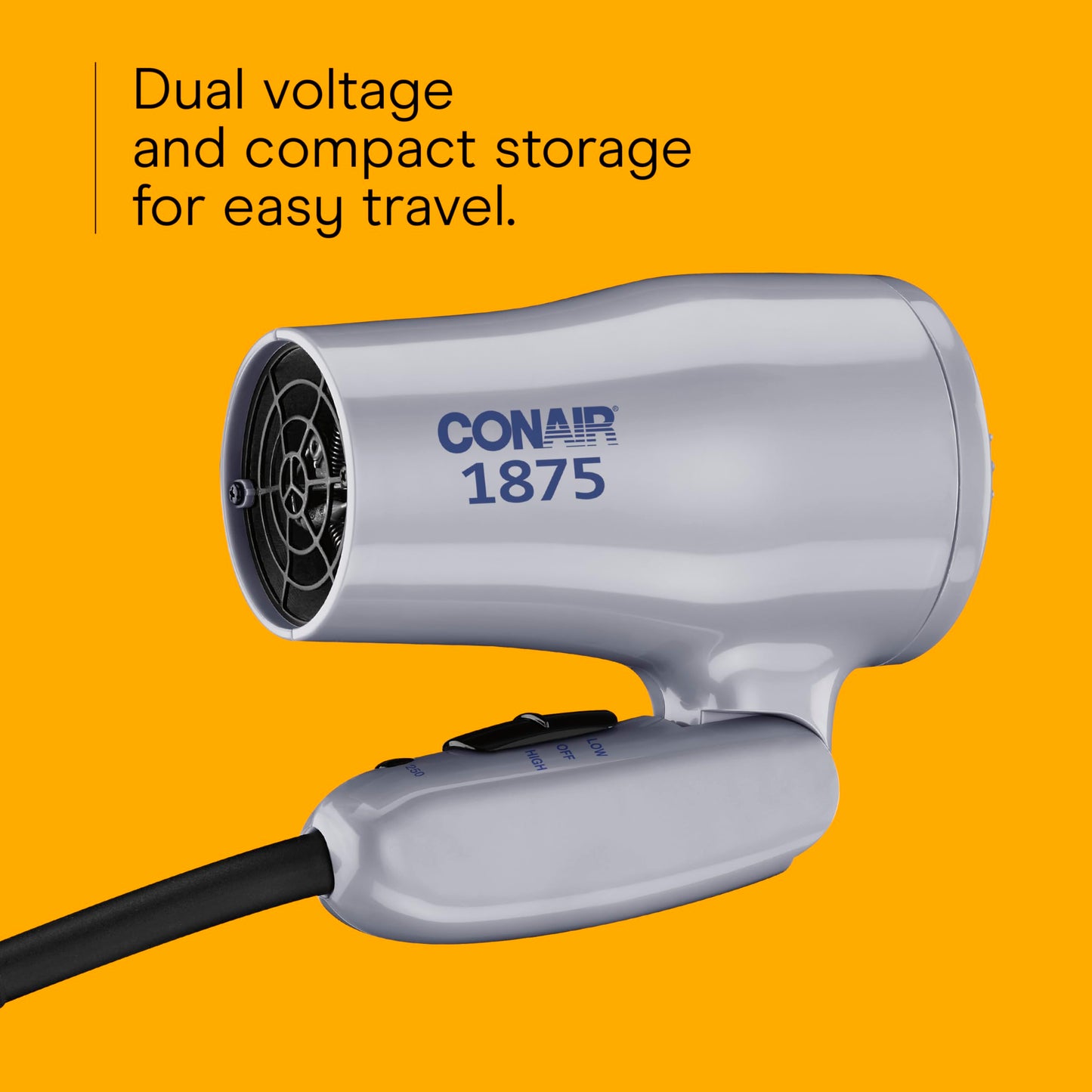 Conair Compact Hair Dryer with Folding Handle, 1875W Travel Blow Dryer with Diffuser and Concentrator Attachments, 2 Heat & 2 Speed Settings, Dual Voltage, Grey