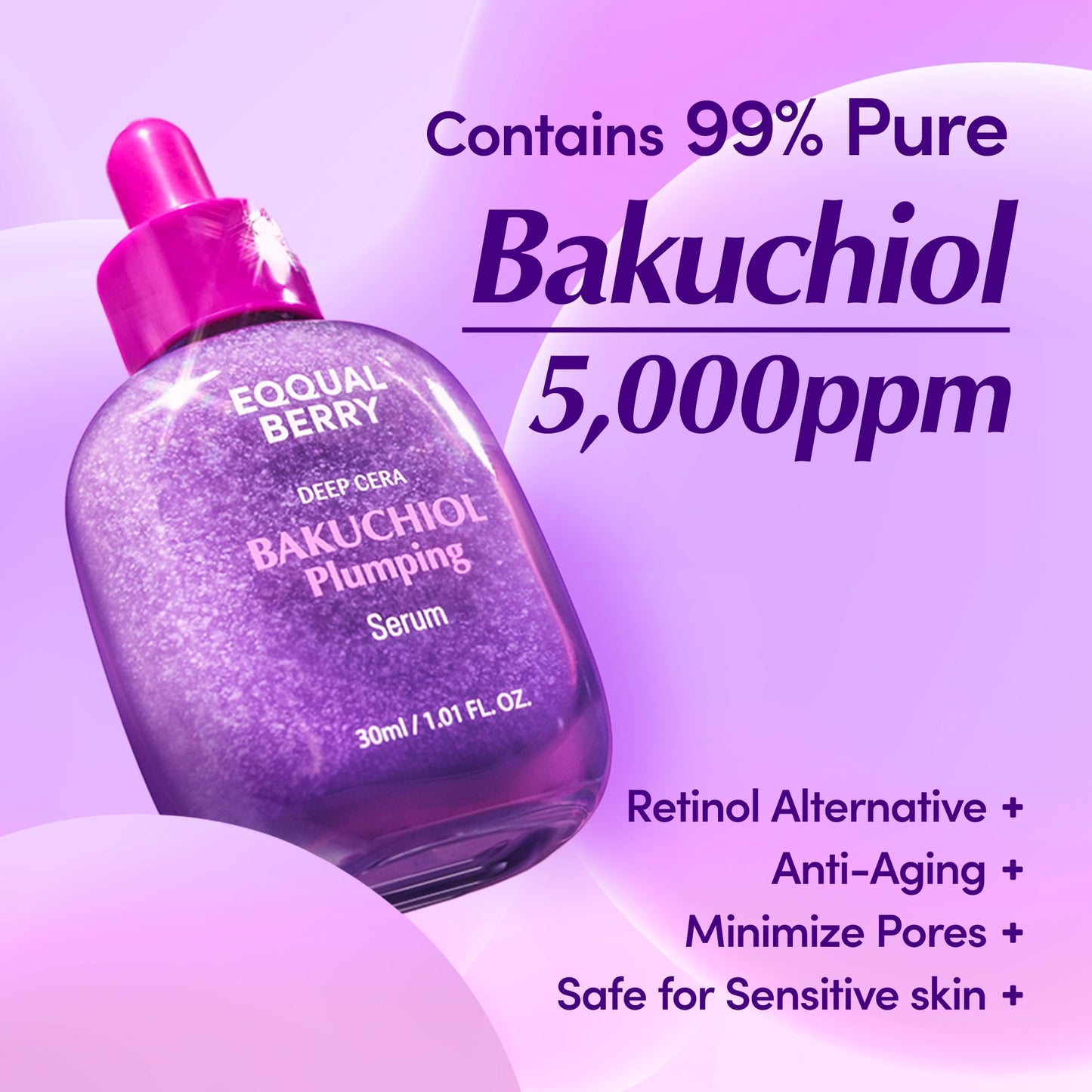EQQUALBERRY Bakuchiol Plumping Face Serum - Retinol Natural Alternative for Sensitive Skin, with Niacinamide & Hyaluronic Acid, Pore & Wrinkle Korean Skin Care (1.01oz / 30ml)