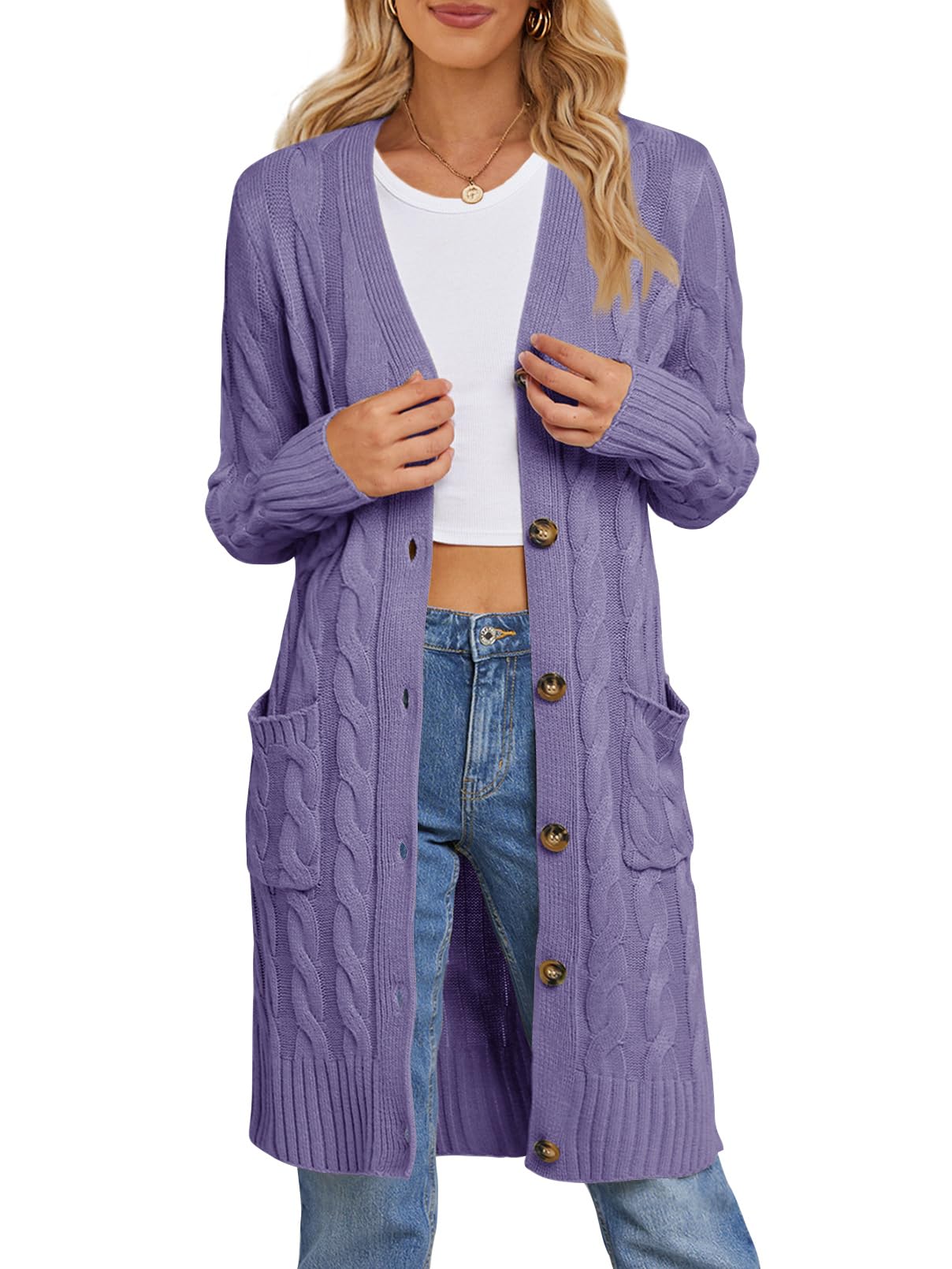 MEROKEETY Women's 2024 Long Sleeve Cable Knit Long Cardigan Open Front Button Sweater Outerwear, Purple, XL