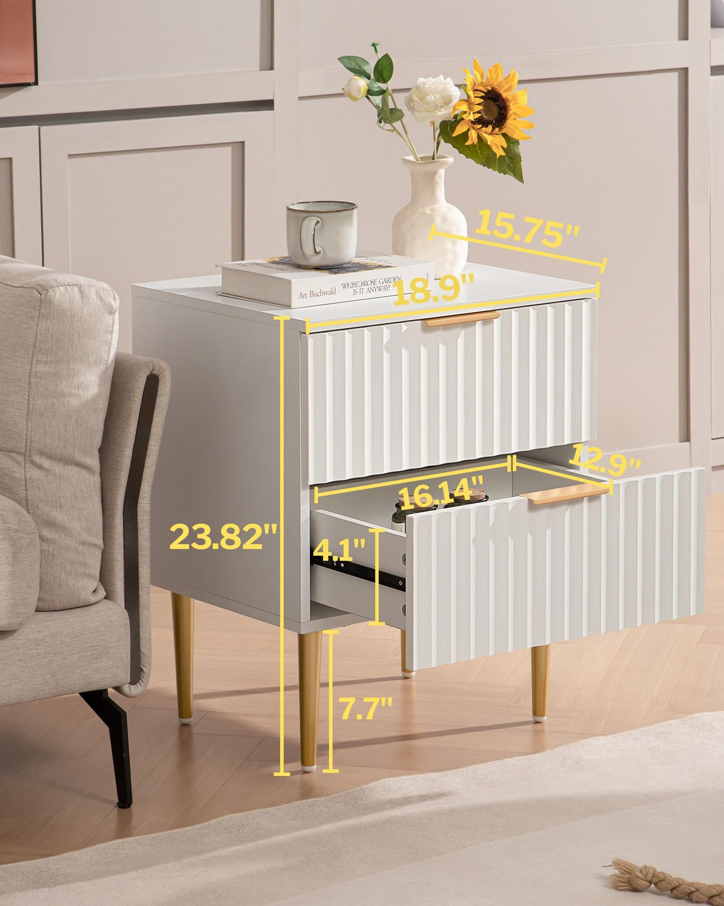 SICOTAS White Night Stand, Fluted Glossy Nightstand with 2 Drawers, Wide Modern Storage Bedside Table for Bedroom, End Side Table with Golden Metal Legs and Handles (White, 1 Piece)