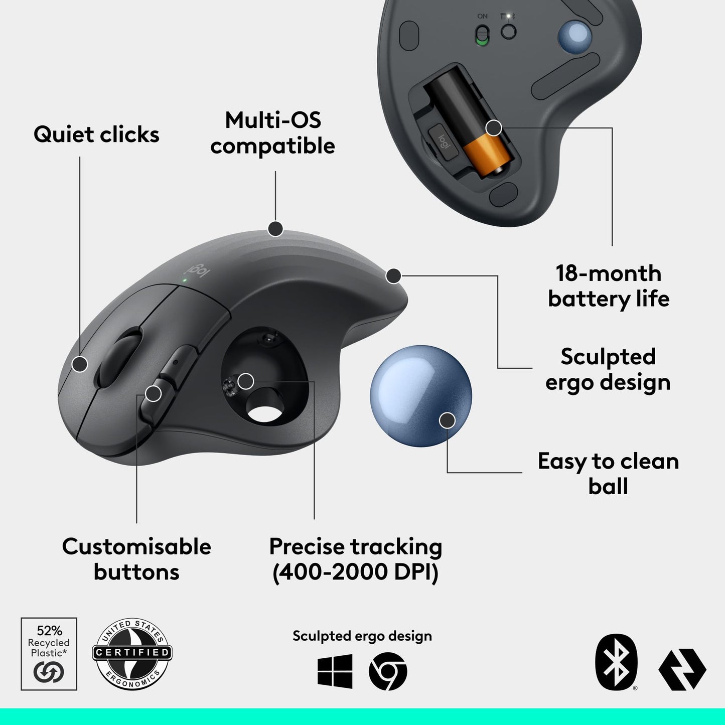 Logitech Ergo M575S Wireless Trackball Mouse, Wireless Ergonomic Mouse with Bluetooth and Encrypted Dongle, Comfortable Thumb Control, Precise and Smooth Tracking, for PC/Mac - Graphite Blue Ball
