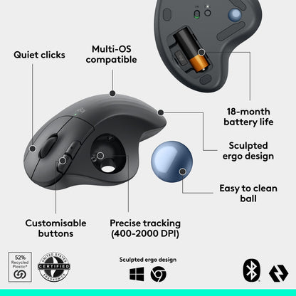 Logitech Ergo M575S Wireless Trackball Mouse, Wireless Ergonomic Mouse with Bluetooth and Encrypted Dongle, Comfortable Thumb Control, Precise and Smooth Tracking, for PC/Mac - Graphite Blue Ball