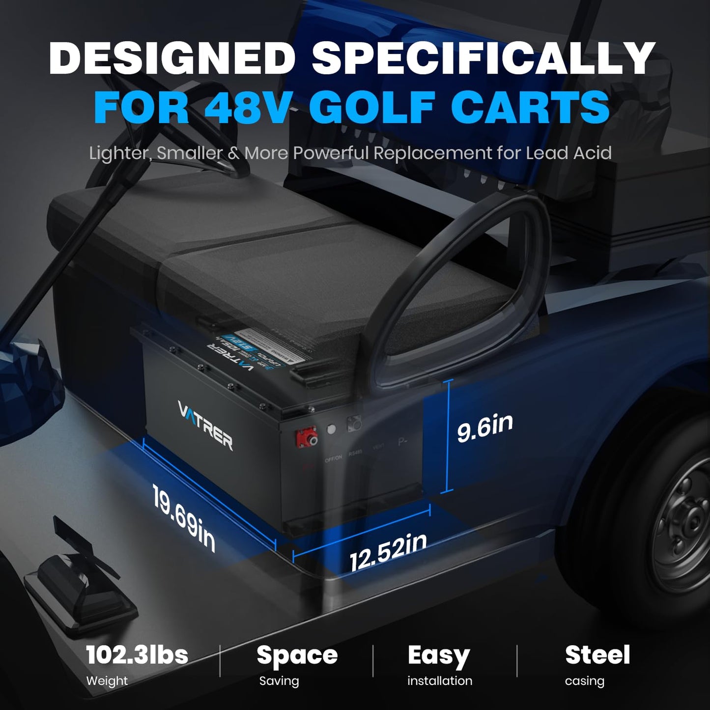 VATRER POWER 48V 105Ah Lithium Golf Cart Battery, Built-in Smart 200A BMS, with Touch Monitor & Mobile APP, 4000+ Cycles Rechargeable LiFePO4 Battery, Max 10.24kW Power Output, Perfect for Golf Carts