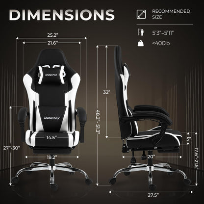 Ergonomic Gaming Chair with Footrest, Heavy Duty 330lbs Office Chair, Massage Lumbar Support, Adjustable Height & Headrest Pillow, Comfortable for Back Pain Relief, Streaming, Long Gaming, White