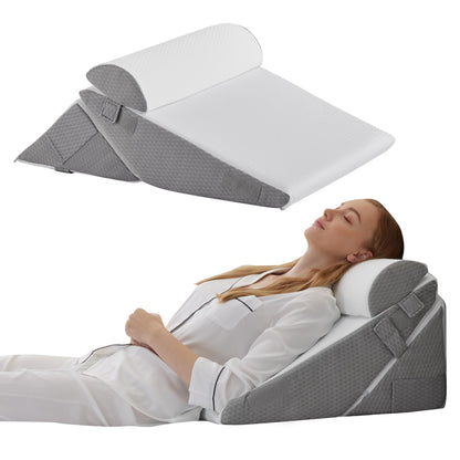 Bedluxe 3Pcs Orthopedic Bed Wedge Pillow Set, Foam Wedge Pillow Post Surgery for Back, Leg and Knee Support, Adjustable 9&12 Inch Folding Triangle Pillow for Sleeping, Acid Reflux, Snoring, White/Grey