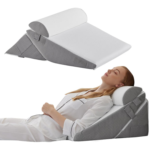 Bedluxe 3Pcs Orthopedic Bed Wedge Pillow Set, Foam Wedge Pillow Post Surgery for Back, Leg and Knee Support, Adjustable 9&12 Inch Folding Triangle Pillow for Sleeping, Acid Reflux, Snoring, White/Grey