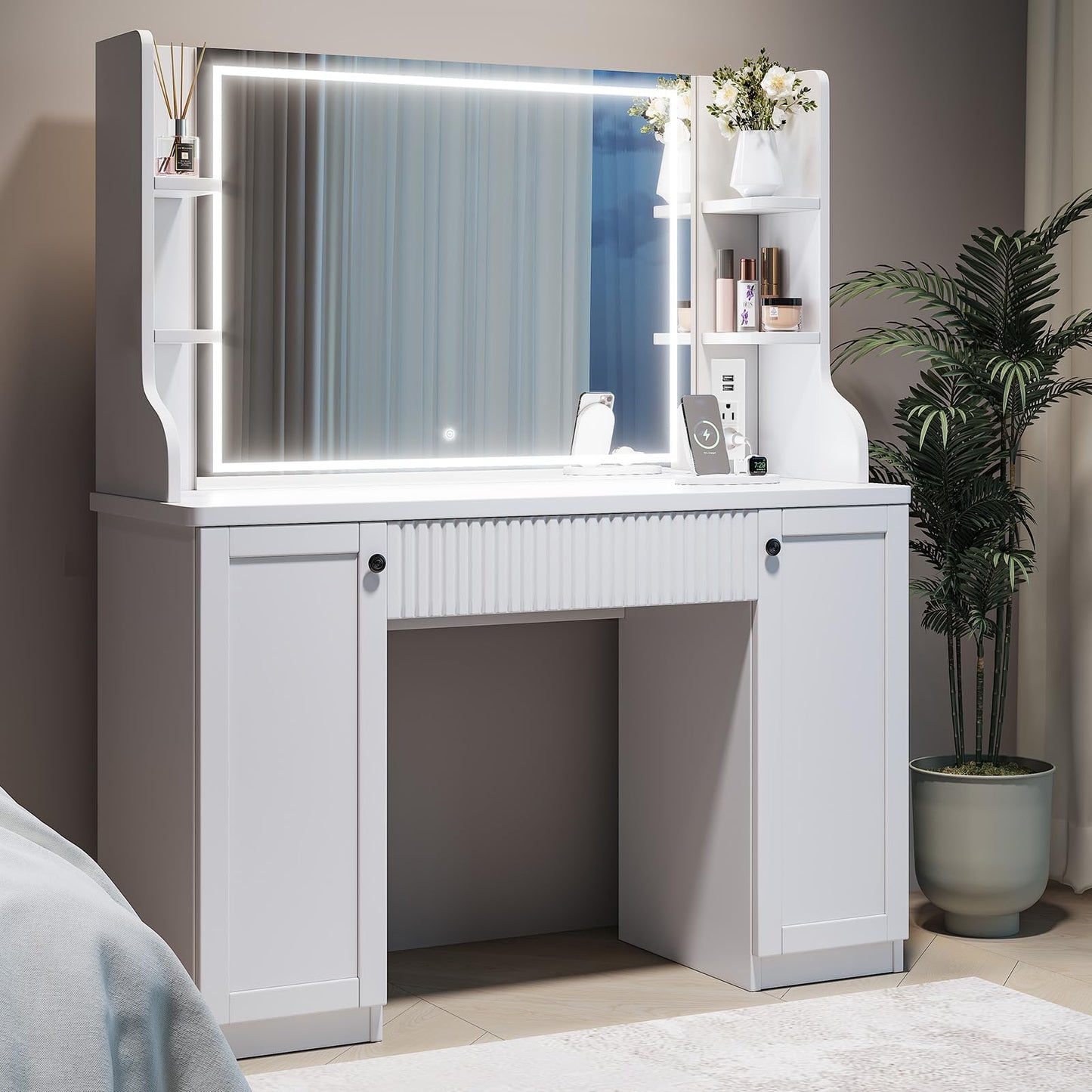Fluted Makeup Vanity Desk with Mirror and Lights, Makeup Vanity Table with Power Outlet, Dressing Table with Storage, Adjustable Shelves, Touch Control, Modern White Vanity Desk with Lights