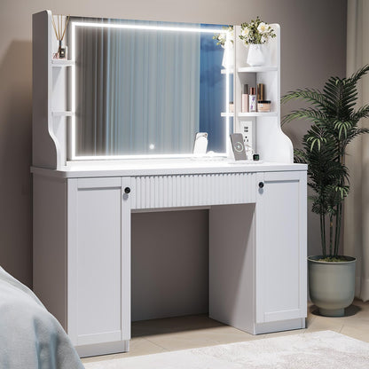 Fluted Makeup Vanity Desk with Mirror and Lights, Makeup Vanity Table with Power Outlet, Dressing Table with Storage, Adjustable Shelves, Touch Control, Modern White Vanity Desk with Lights
